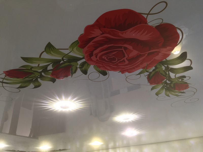 Художественная печать картинки с розами на лаковом натяжном потолке со встроенными светодиодными светильниками.
